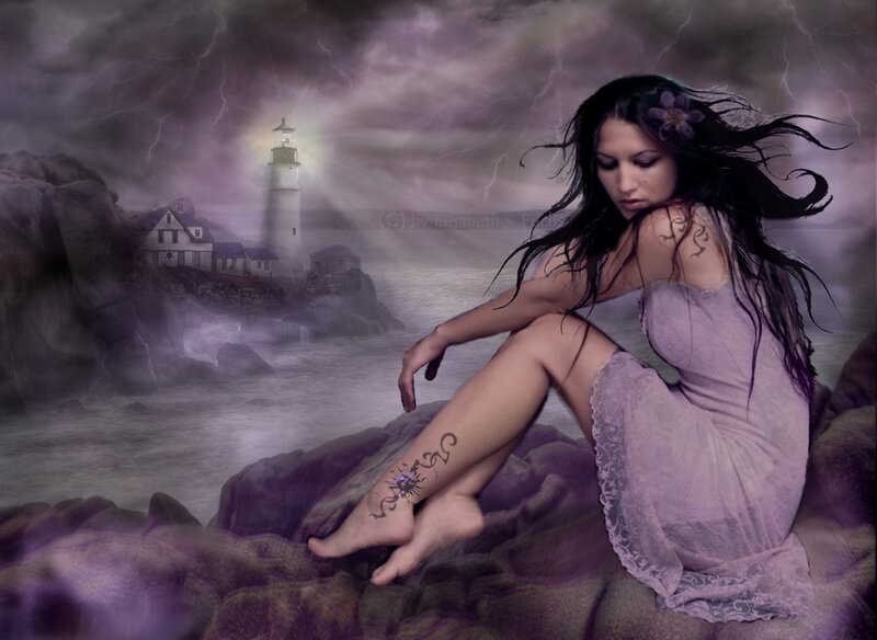 woman on rocky shore in storm