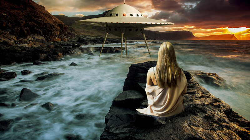 Woman on Rocky Shore — Orange, Dramatic, Sunset