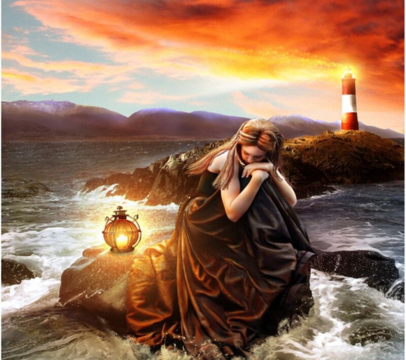 Woman on Rocky Shore — Orange, Dramatic