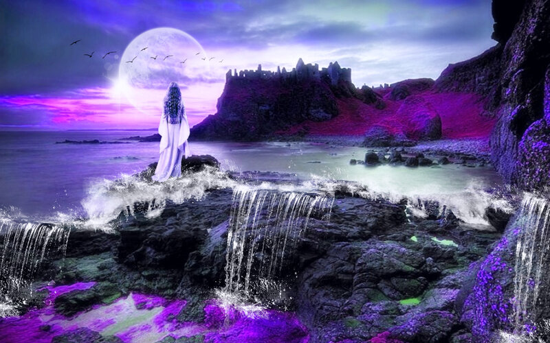 Woman on Rocky Shore — Purple, Dramatic, Night
