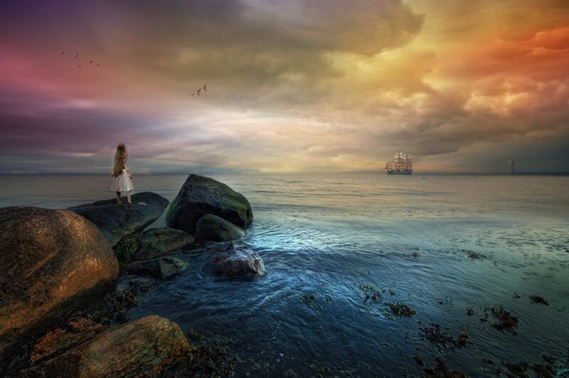Woman on Rocky Shore — Purple, Dramatic, Sunset