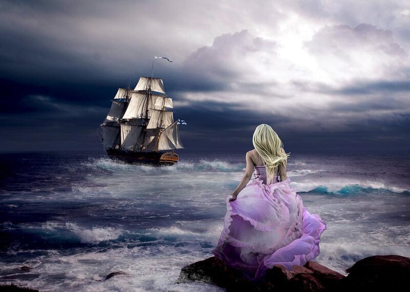 Woman on Rocky Shore — Purple