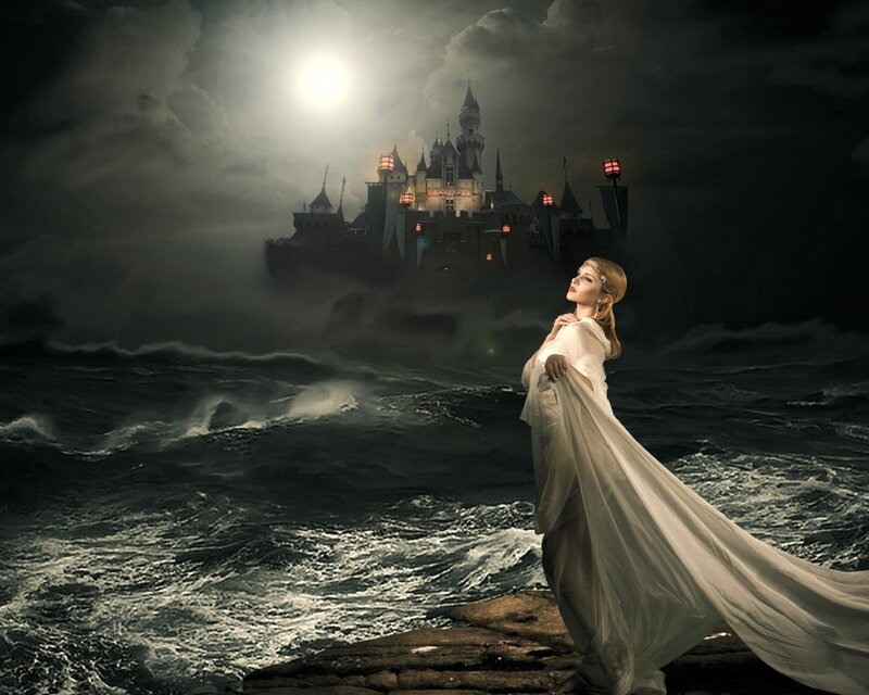 Woman on Rocky Shore — White, Dramatic, Night, Digital Art
