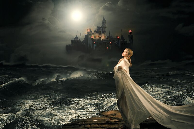 Woman on Rocky Shore — White, Dramatic, Night