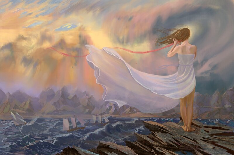 Woman on Rocky Shore — White, Dramatic, Sunset, Digital Art, Sailboats