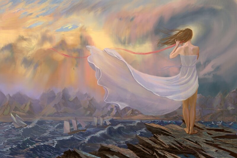 Woman on Rocky Shore — White, Dramatic, Sunset