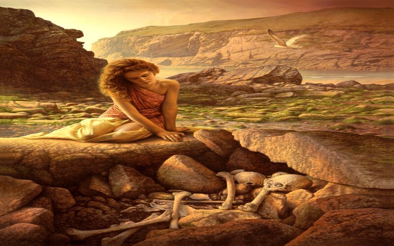 Woman on rocky shore with bones