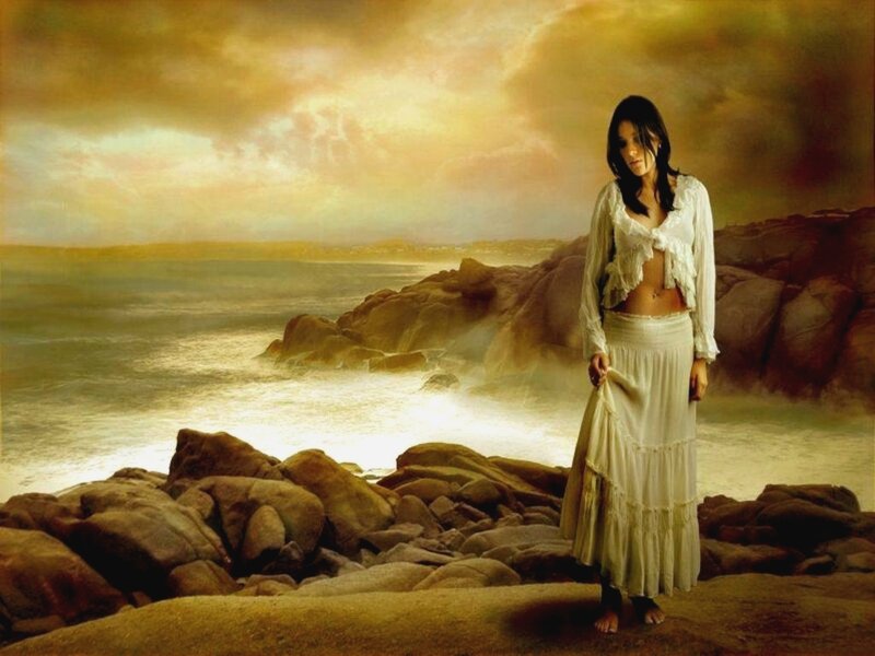 Woman on Rocky Shore — Yellow, Dramatic