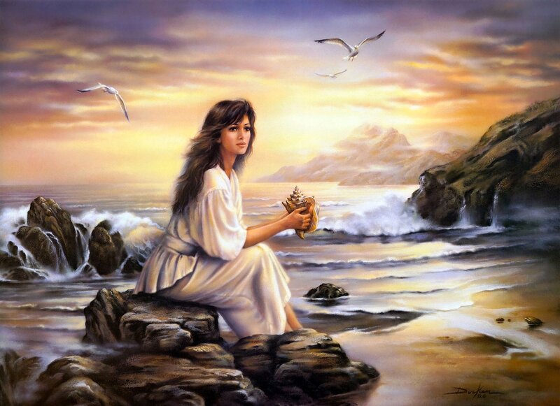 Woman on Rocky Shore — Yellow, Serene, Sunset, Painting