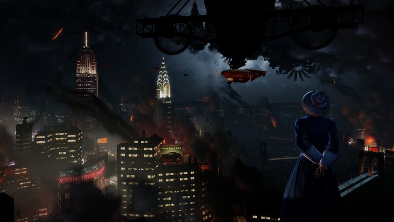 Woman on Rooftop at Night — Black, Dramatic, Digital Art, Airship