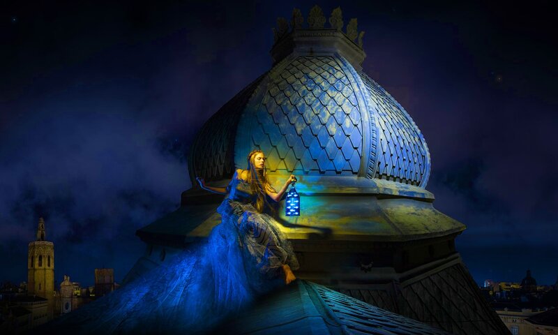 Woman on Rooftop at Night — Blue, Dramatic, Digital Art