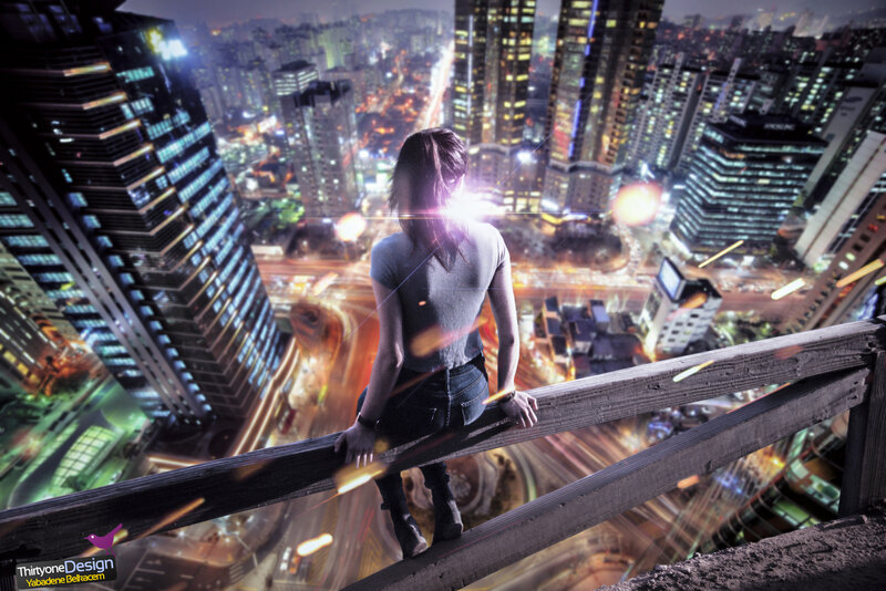 Woman on Rooftop — Blue, Dramatic