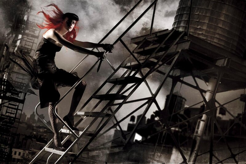Woman on rooftop ladder