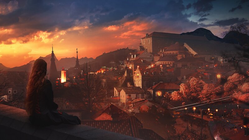 Woman on Rooftop — Orange, Dramatic
