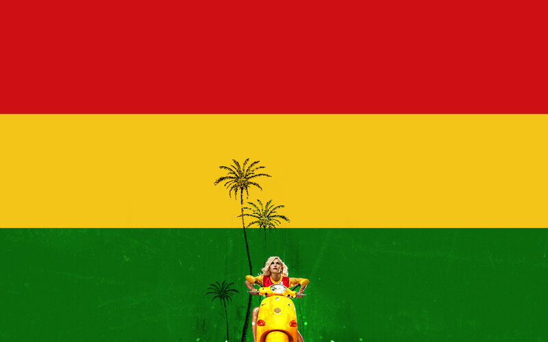 woman on scooter with flag background