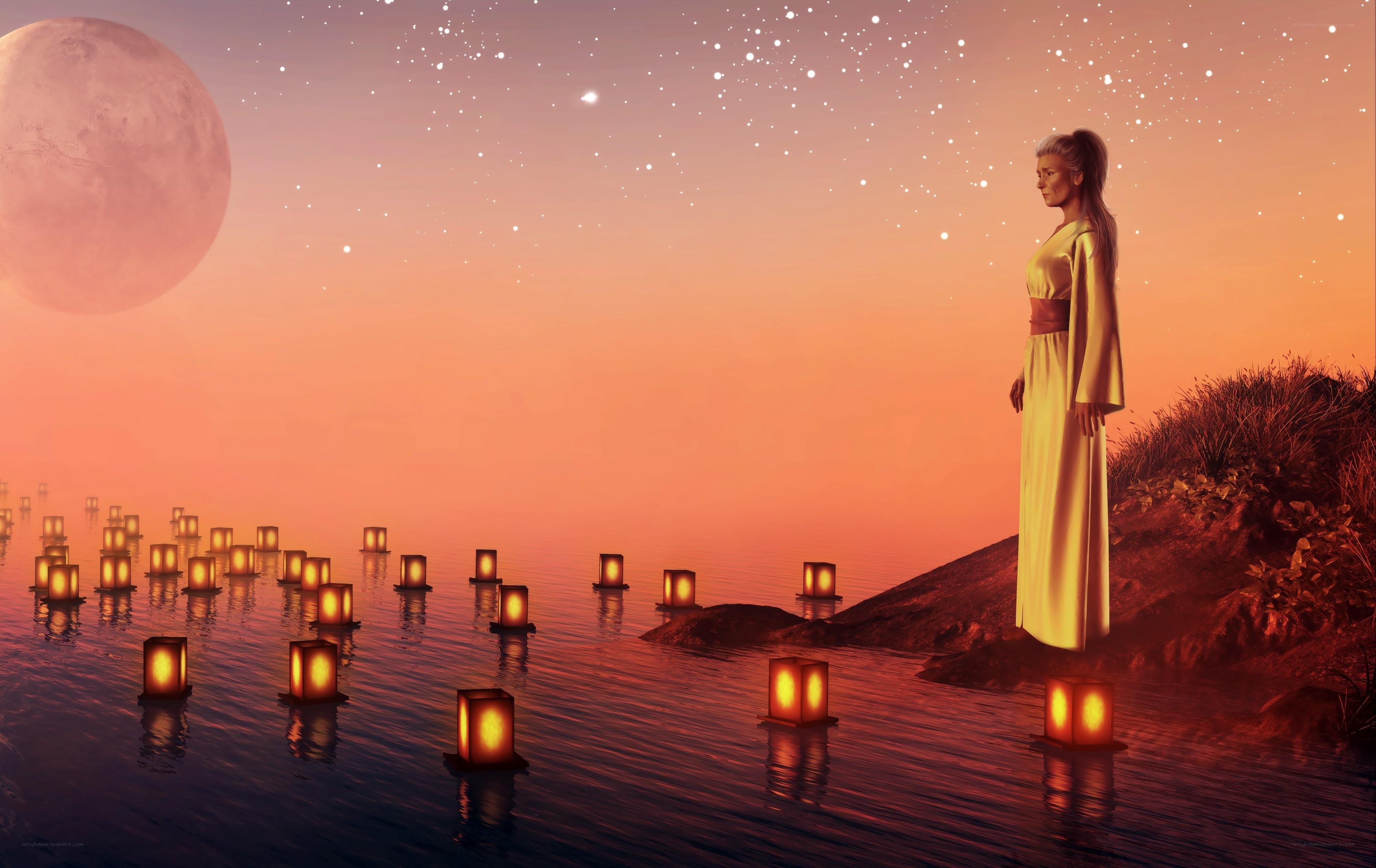 woman on shore with lanterns