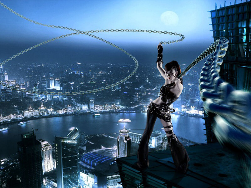 Woman on skyscraper with chains