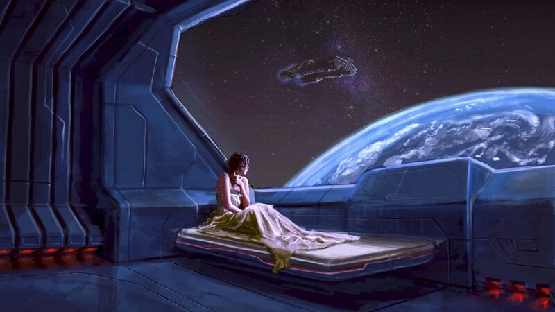 Woman on spaceship viewing Earth