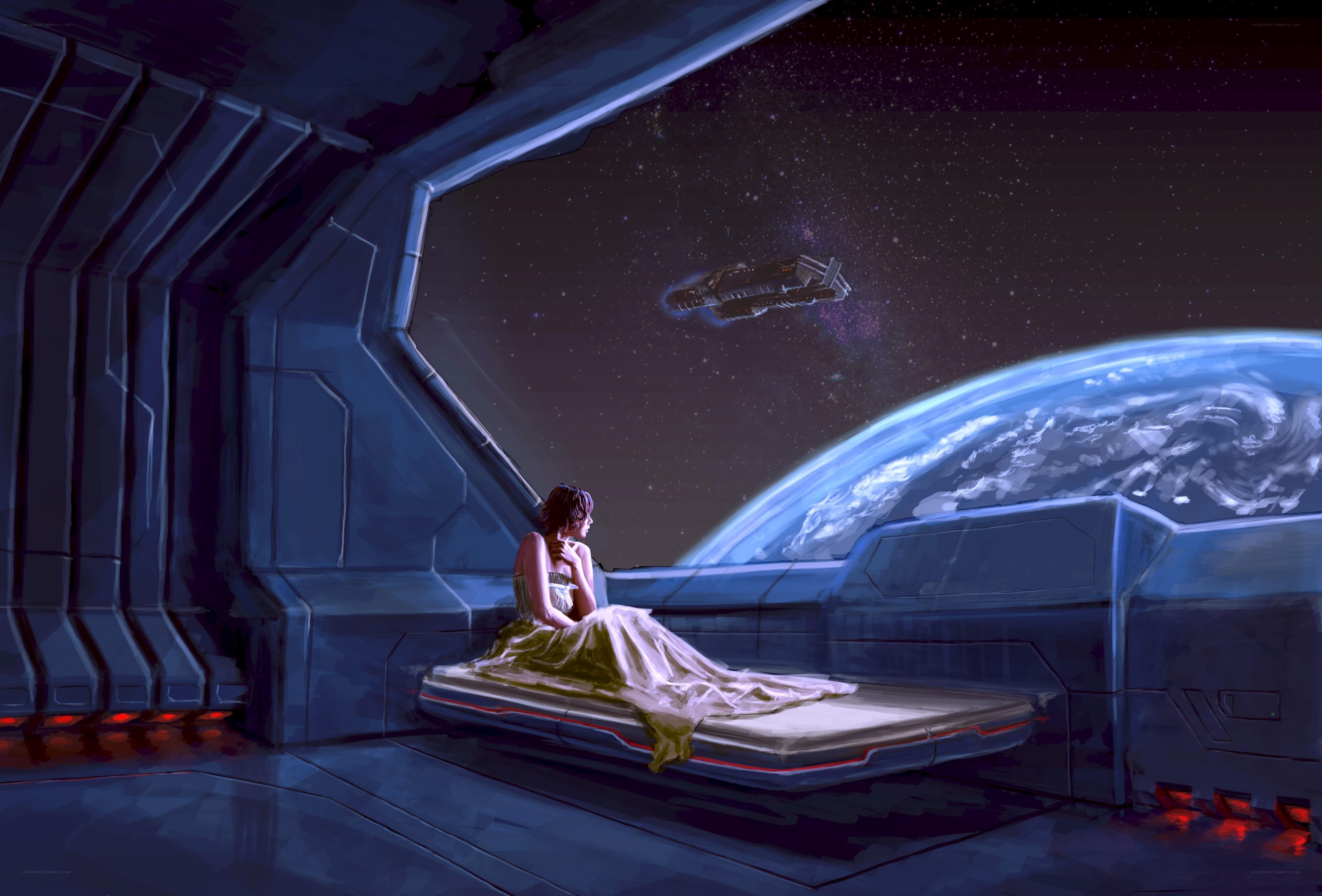 Woman on spaceship viewing Earth