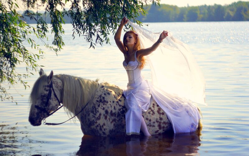Woman on Spotted Horse — White