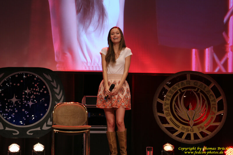woman on stage at battlestar galactica panel
