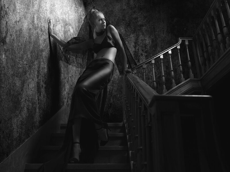 Woman on Staircase — Black, Dramatic