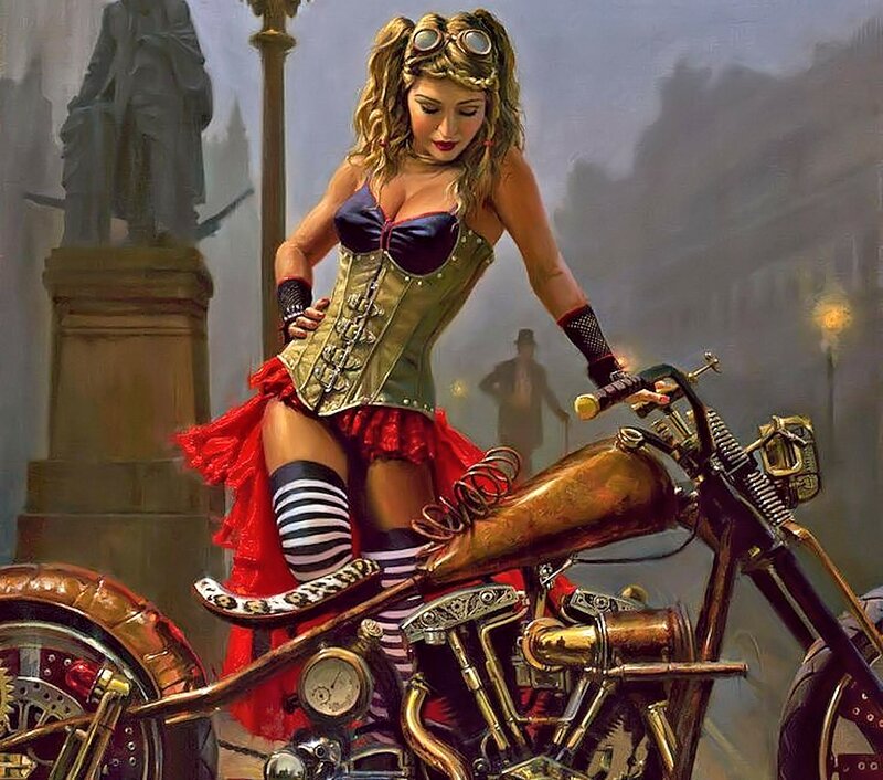 Woman on Steampunk Motorcycle