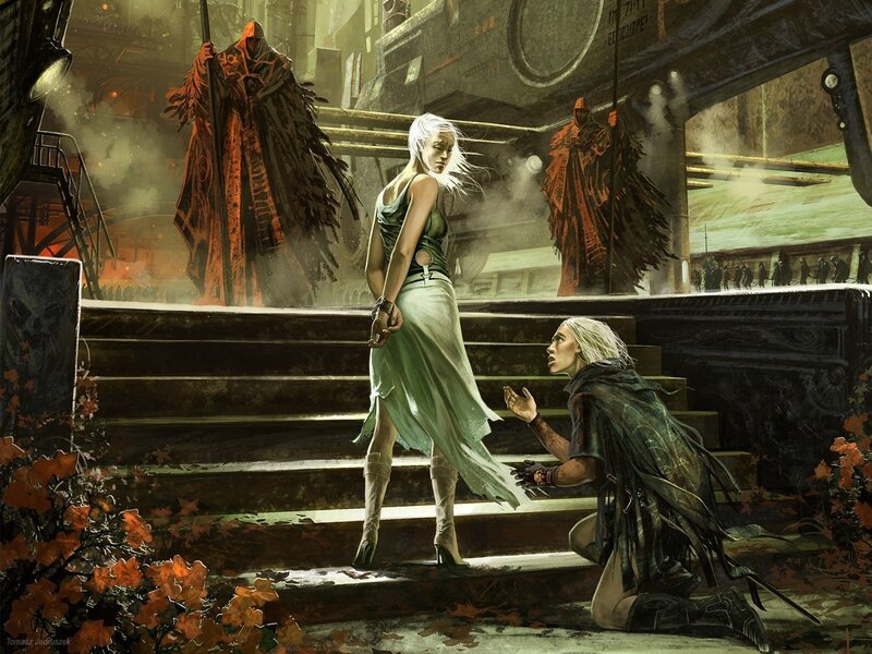woman on steps with cloaked figures
