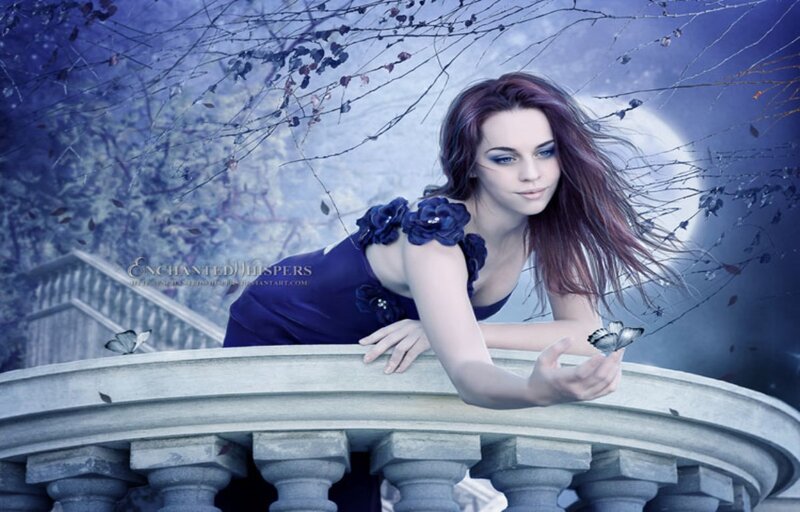 Woman on Stone Balcony — Blue