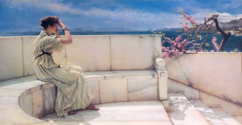 Woman on Stone Bench — Blue, Serene, Afternoon