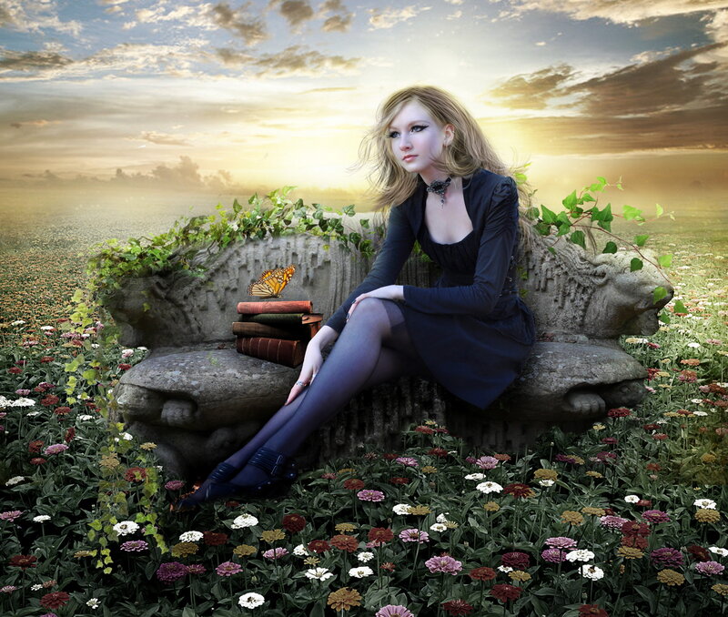 Woman on Stone Bench — Blue, Serene