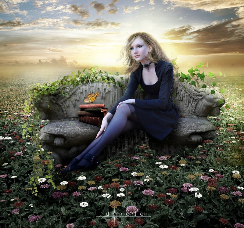 Woman on Stone Bench — Blue