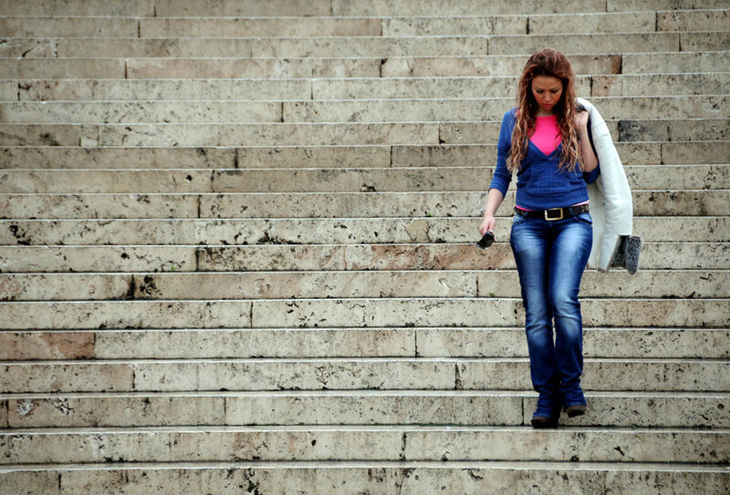 Woman on Stone Stairs — Blue