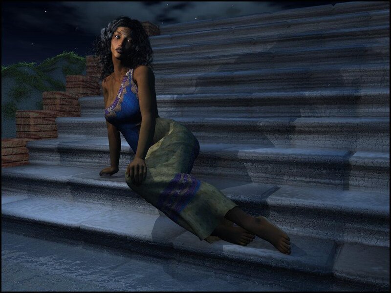 woman on stone steps at night