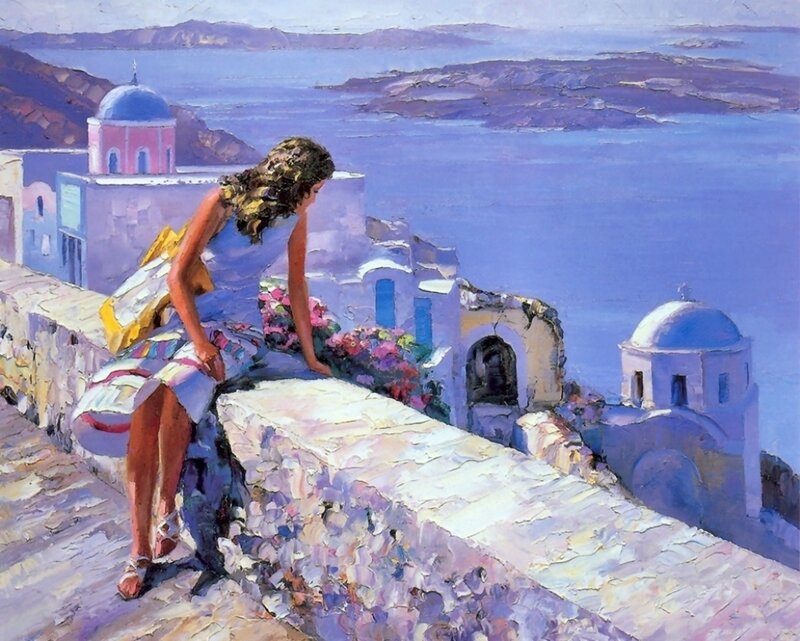 Woman on Stone Wall — Blue