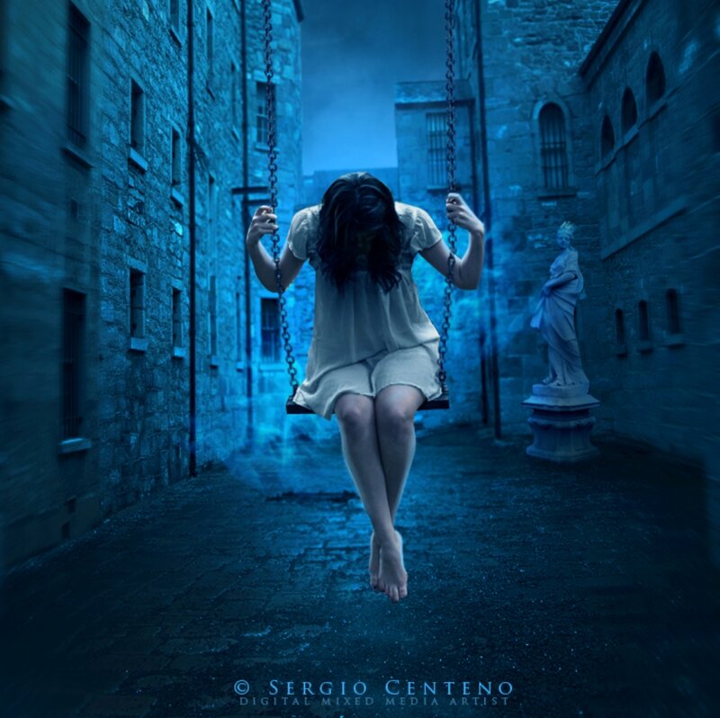 Woman on Swing at Night — Blue