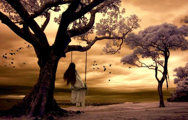 Woman on swing at sunset