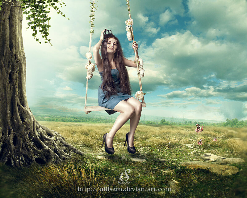 Woman on Swing — Blue, Serene, Afternoon