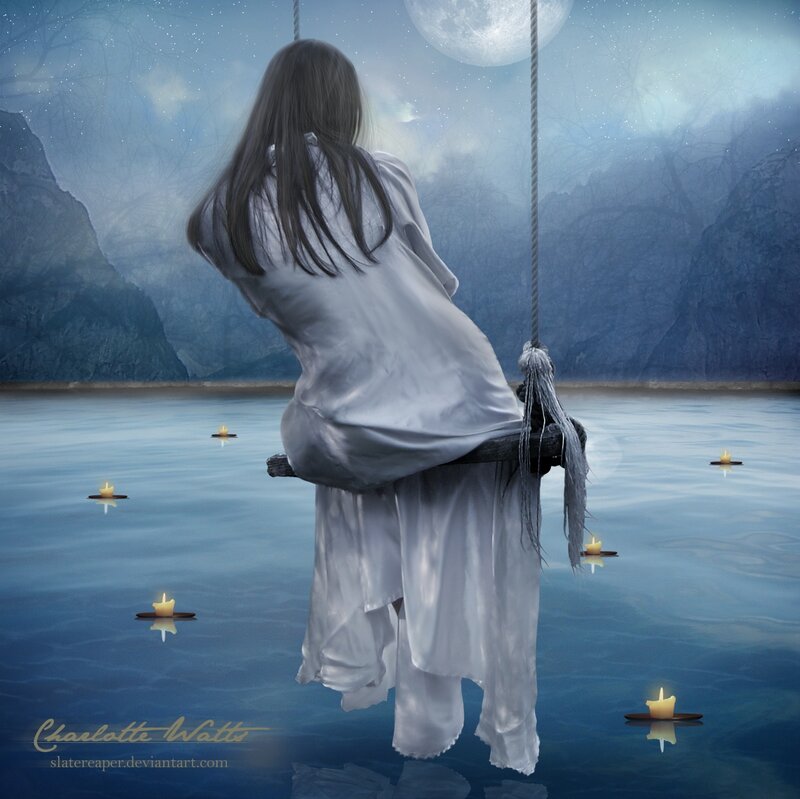 Woman on Swing — Blue, Serene, Night