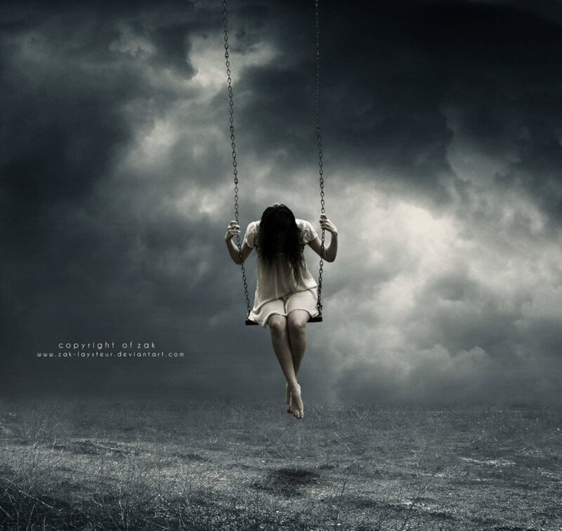 Woman on Swing — Gray, Dramatic, Digital Art