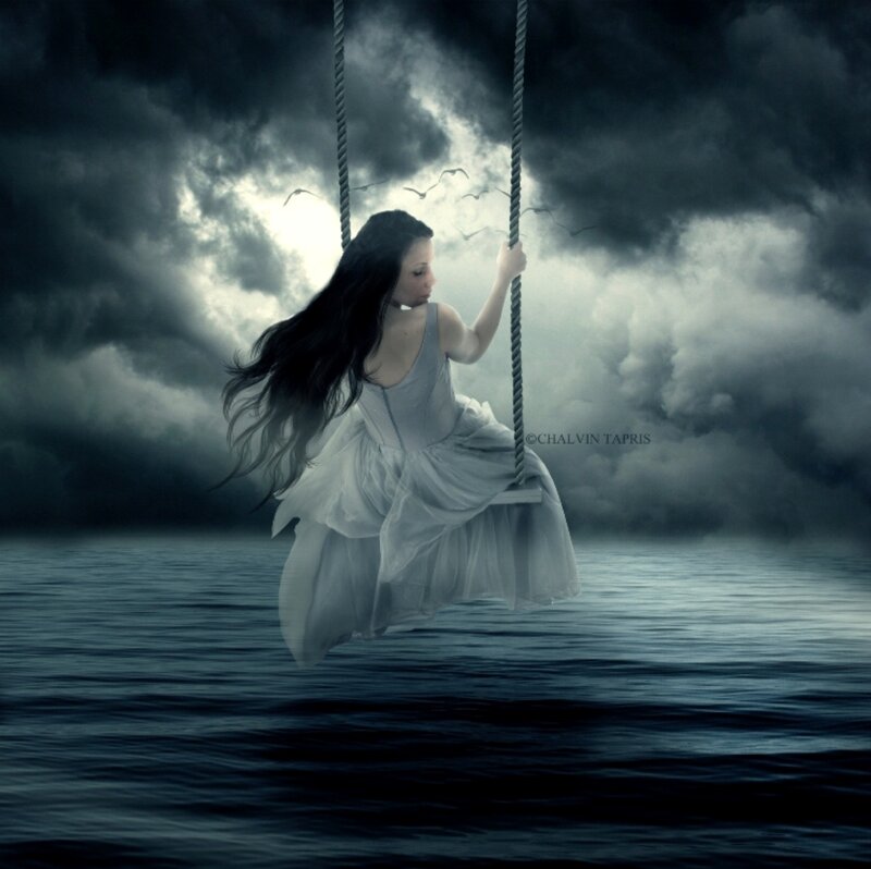 Woman on Swing — Gray, Dramatic, Night