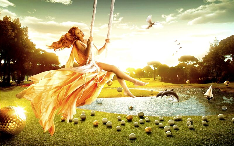 Woman on Swing — Green, Dreamy, Sunset