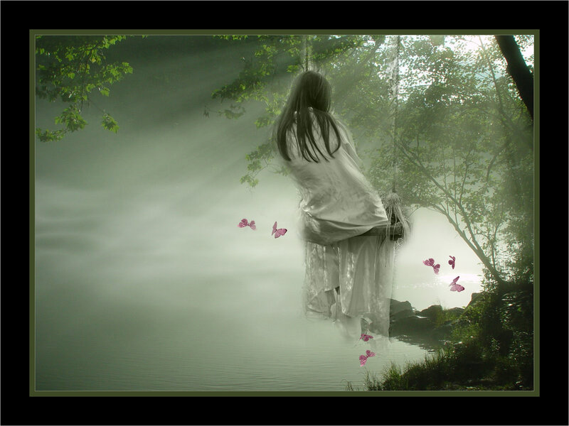 Woman on Swing — Green, Serene, Morning, Digital Art