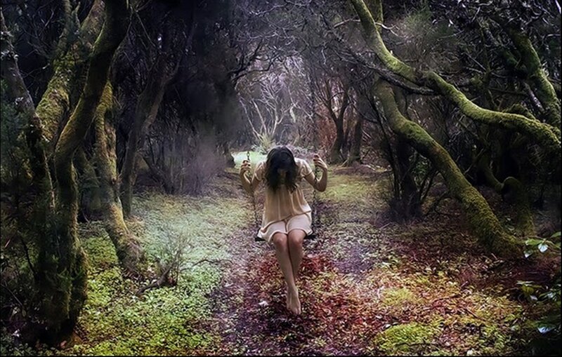 Woman on Swing in Forest — Green, Dark