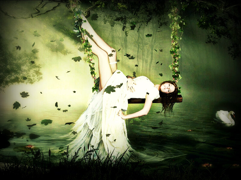 Woman on Swing in Forest — Green, Dreamy