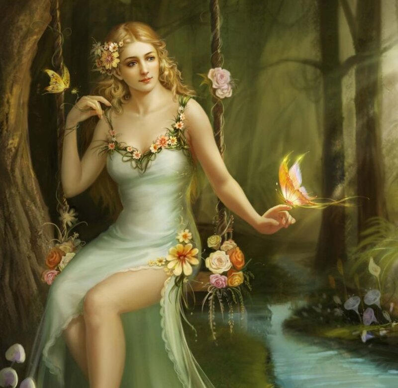 Woman on Swing in Forest — Green, Serene, Afternoon, Digital Art