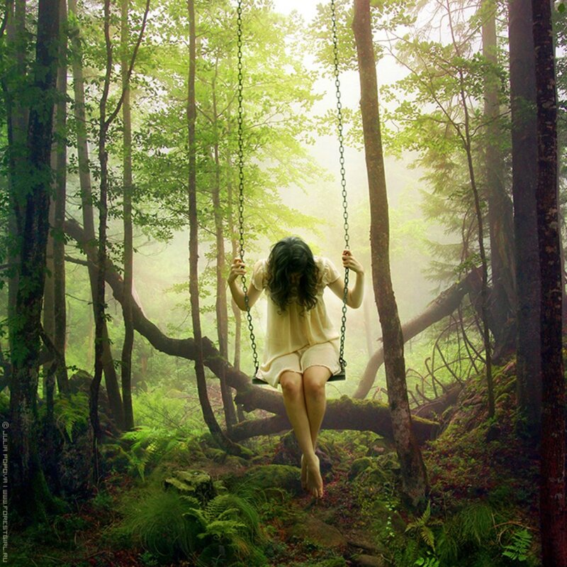 Woman on Swing in Forest — Green, Serene, Morning, Digital Art