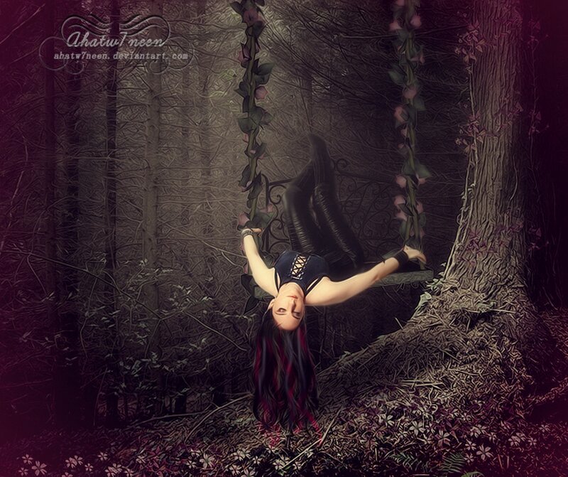 Woman on Swing in Forest — Purple