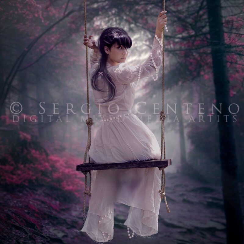 Woman on Swing in Forest — White, Dreamy