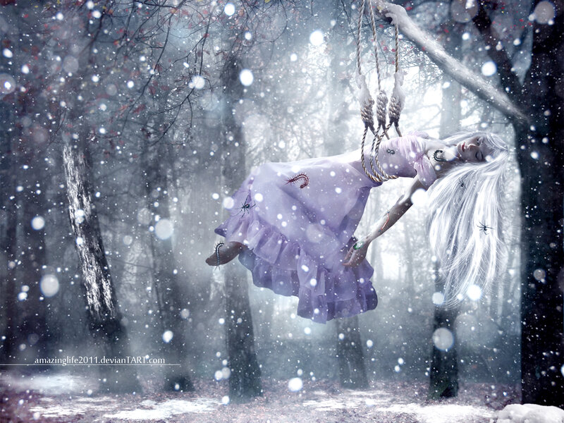 Woman on Swing in Forest — White, Eerie